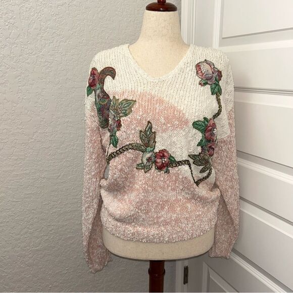 Vintage Erika Floral Paisley Print Decorative Embroidered Boucle V-neck Sweater - Picture 1 of 6